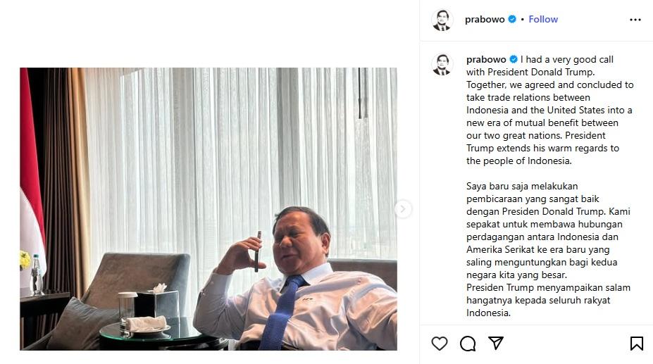 Trump Turunkan Tarif Impor Jadi 19 Persen, Ini Kata Prabowo